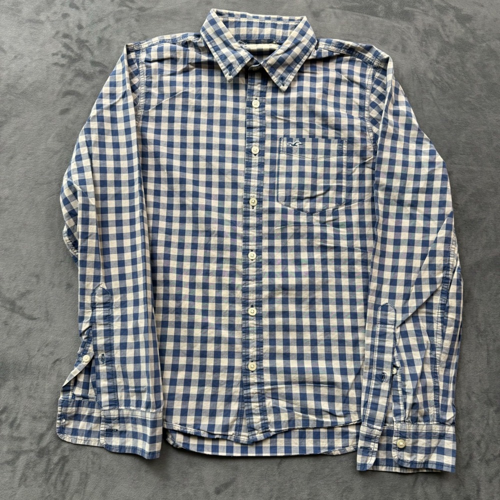 Hollister Mens Blue White Gingham Long Sleeve Button Down Shirt Size M Pocket